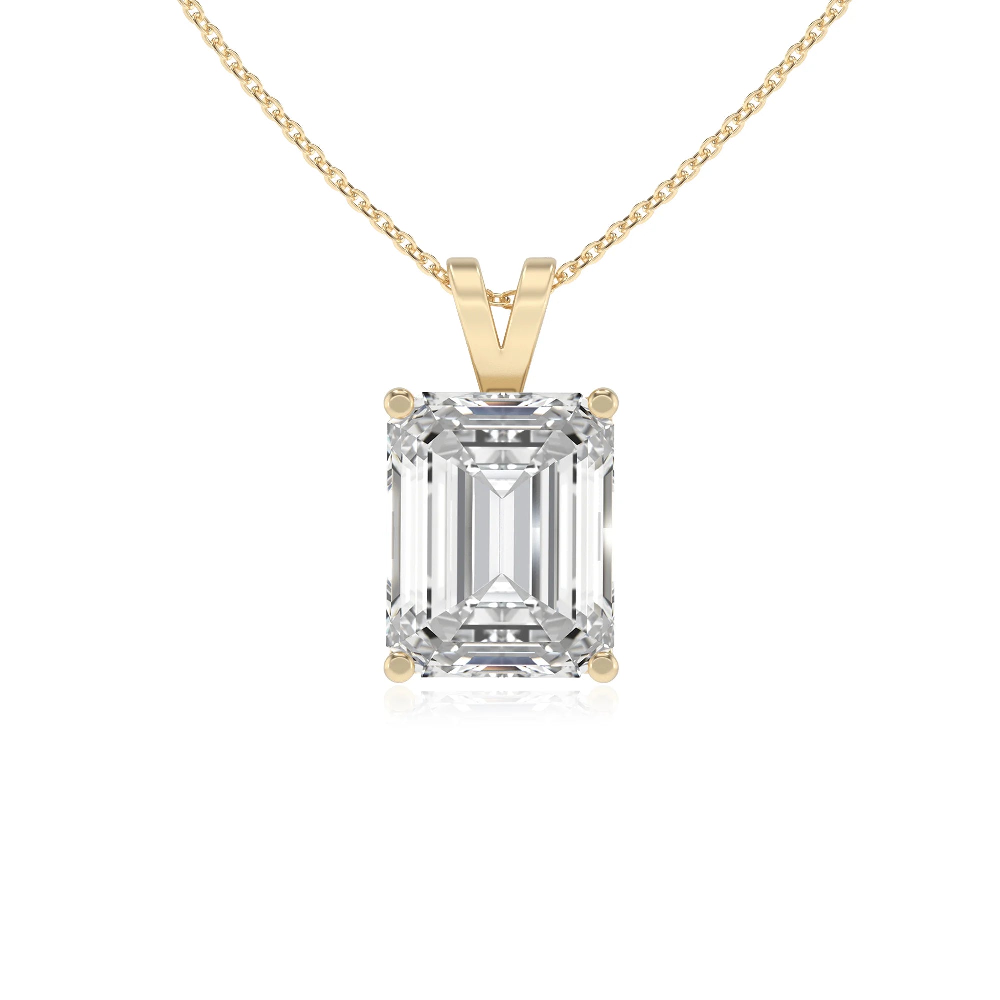 lab grown moissanite emerald cut solitaire v-bale necklaces in yellow gold 
