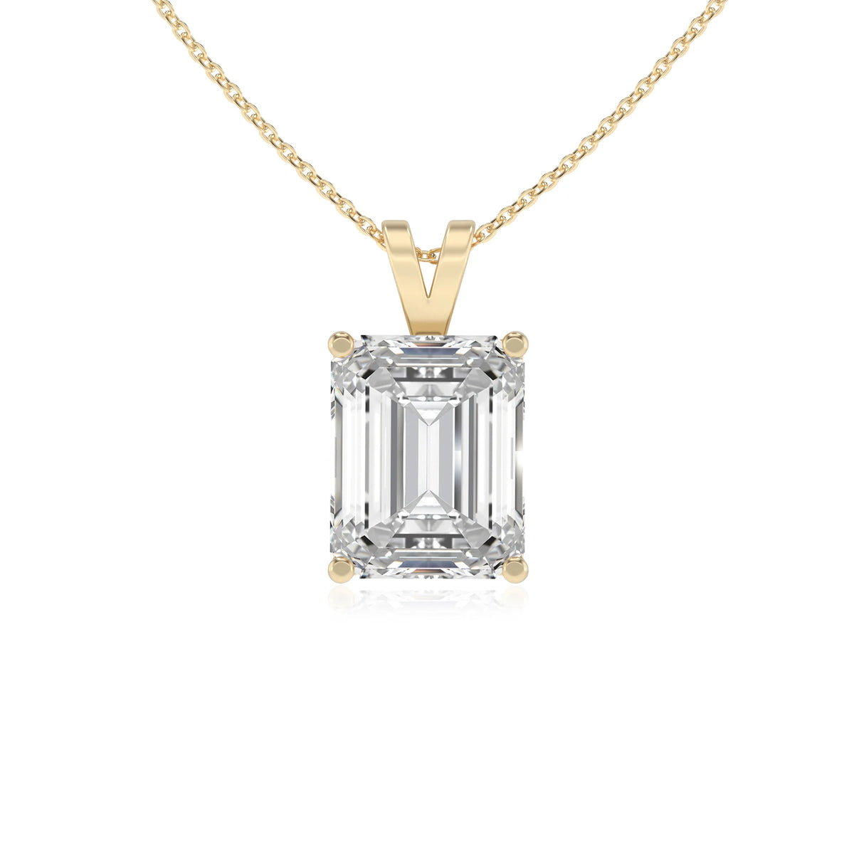 lab grown moissanite emerald cut solitaire v-bale necklaces in yellow gold 