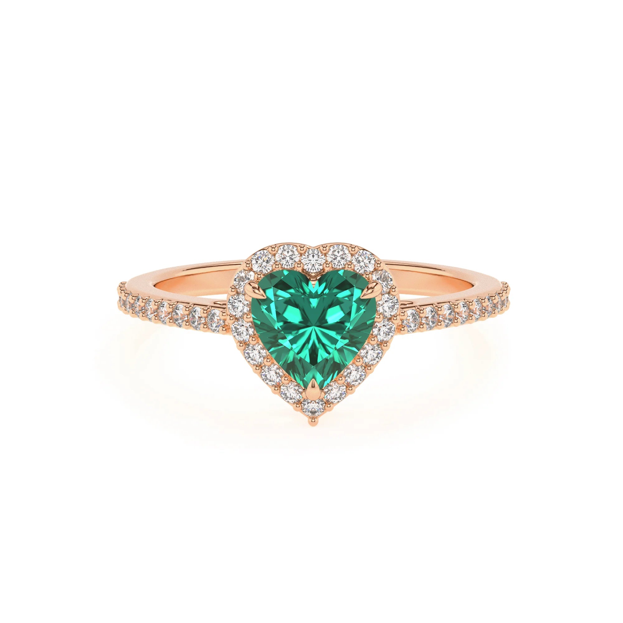 lab grown emerald heart solitaire rings in rose gold 