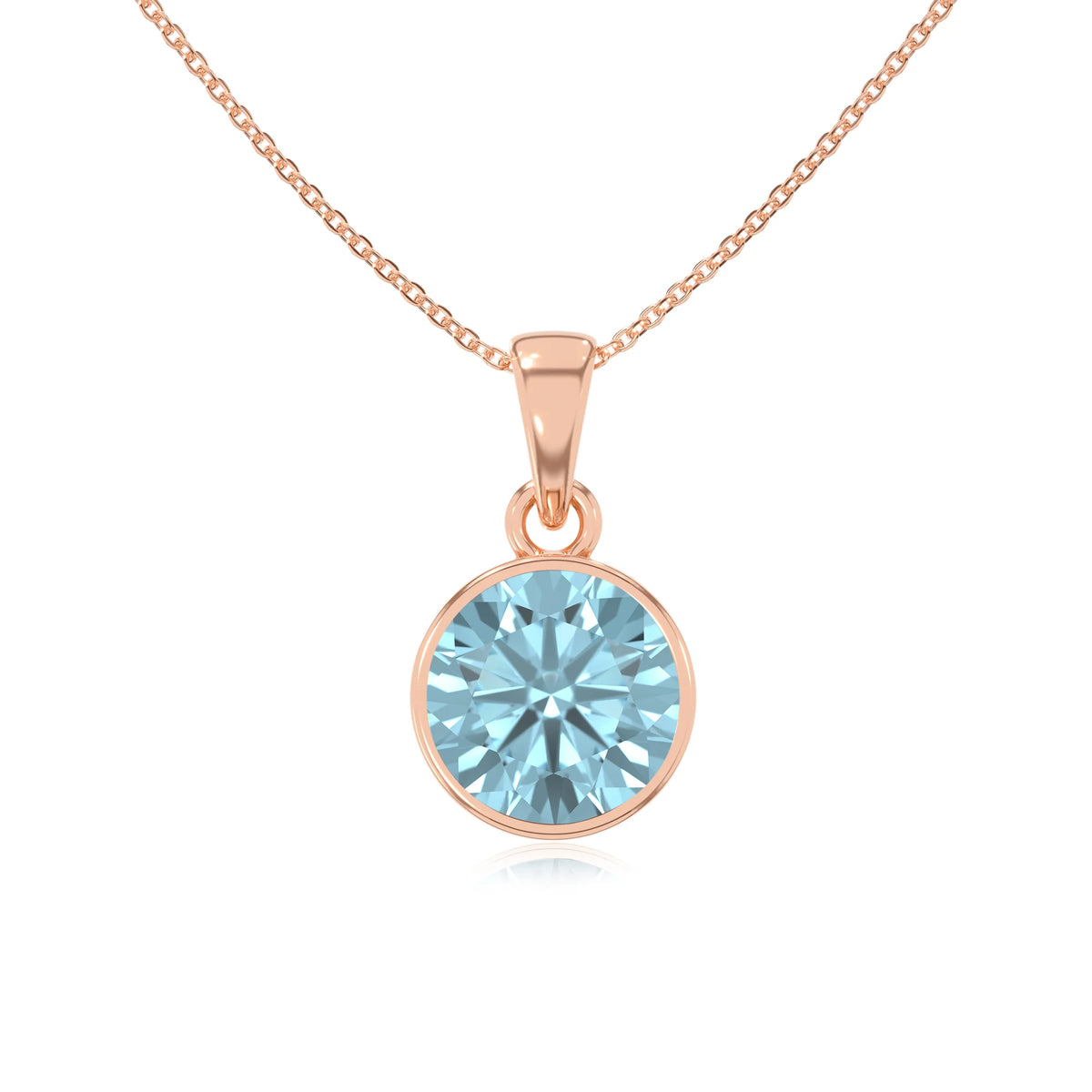 lab grown aquamarine round solitaire necklaces in rose gold 