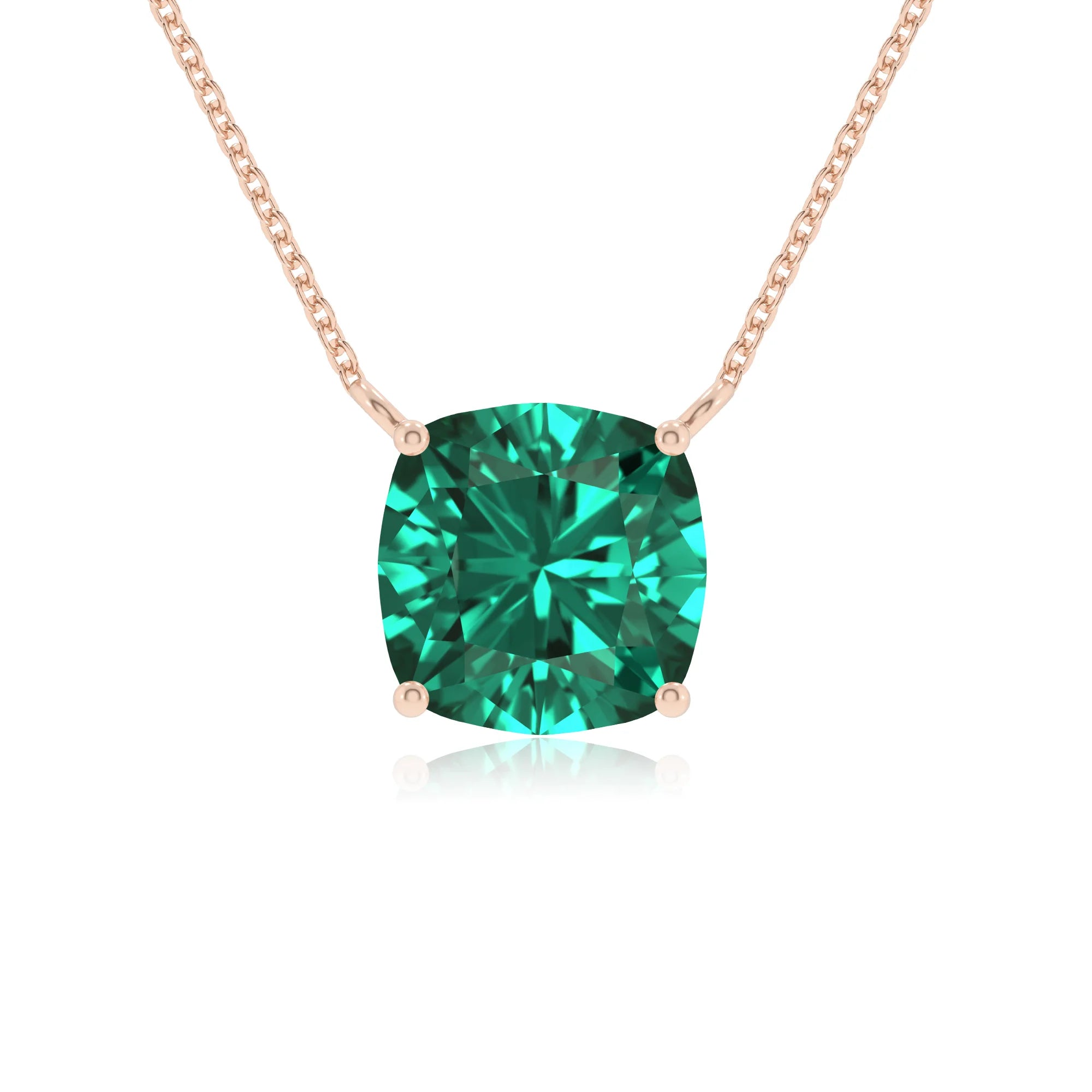 lab grown emerald cushion solitaire necklaces in rose gold 