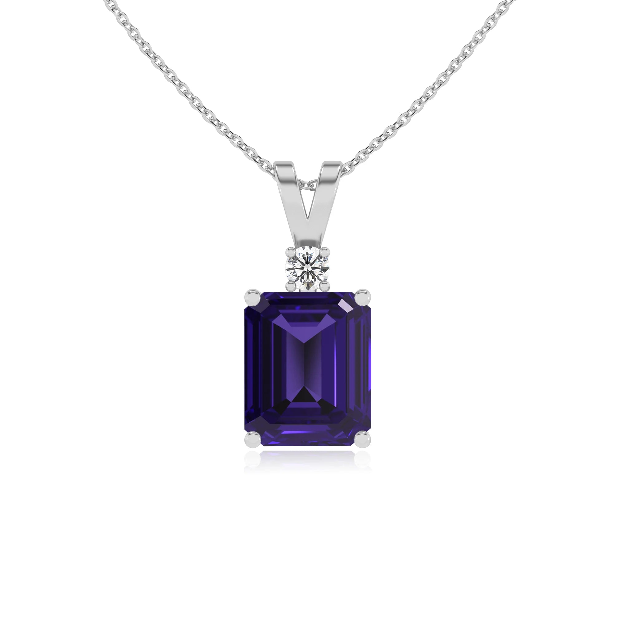 lab grown tanzanite emerald cut solitaire v-bale necklaces in platinum 