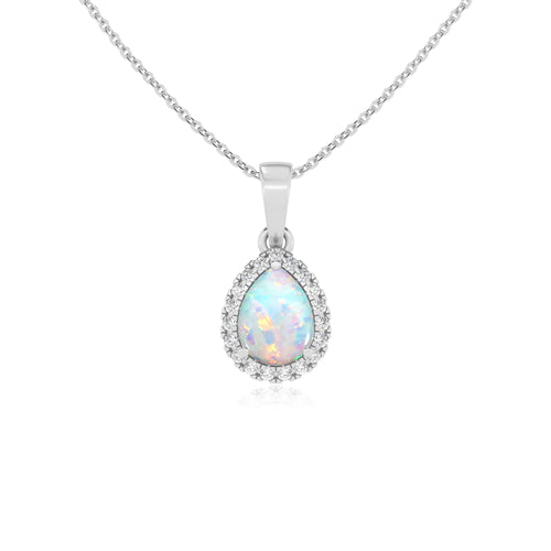 Lab Grown Opal Pear Solitaire Halo Pendant Necklace with Diamond Accents (18" Chain)