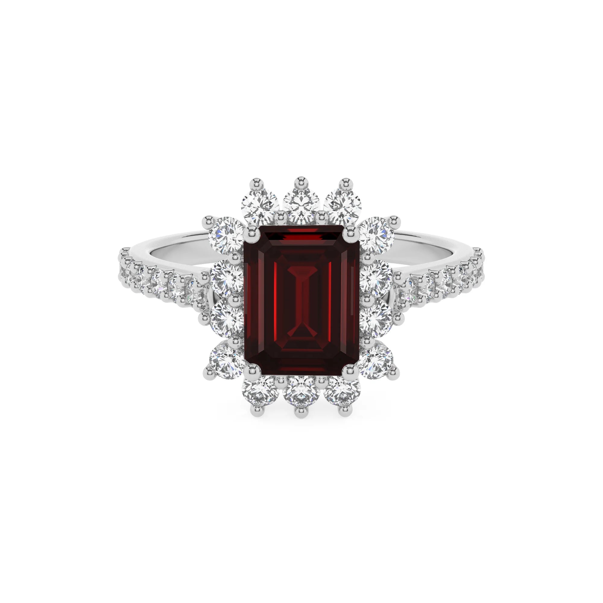 natural garnet emerald cut solitaire rings in white gold 