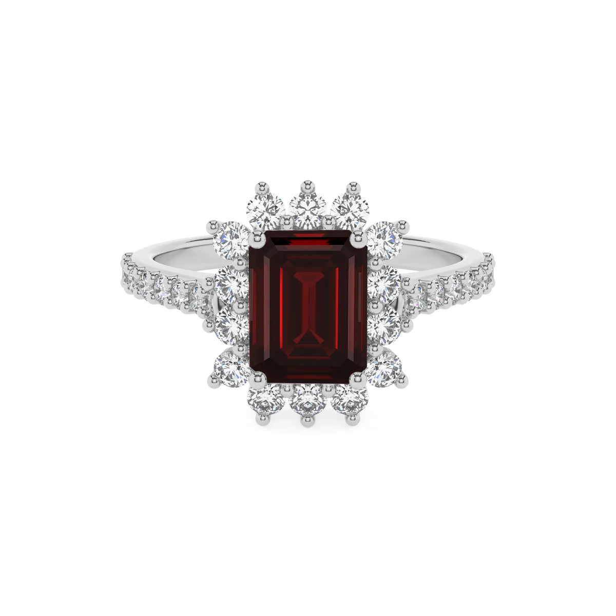 natural garnet emerald cut solitaire rings in white gold 