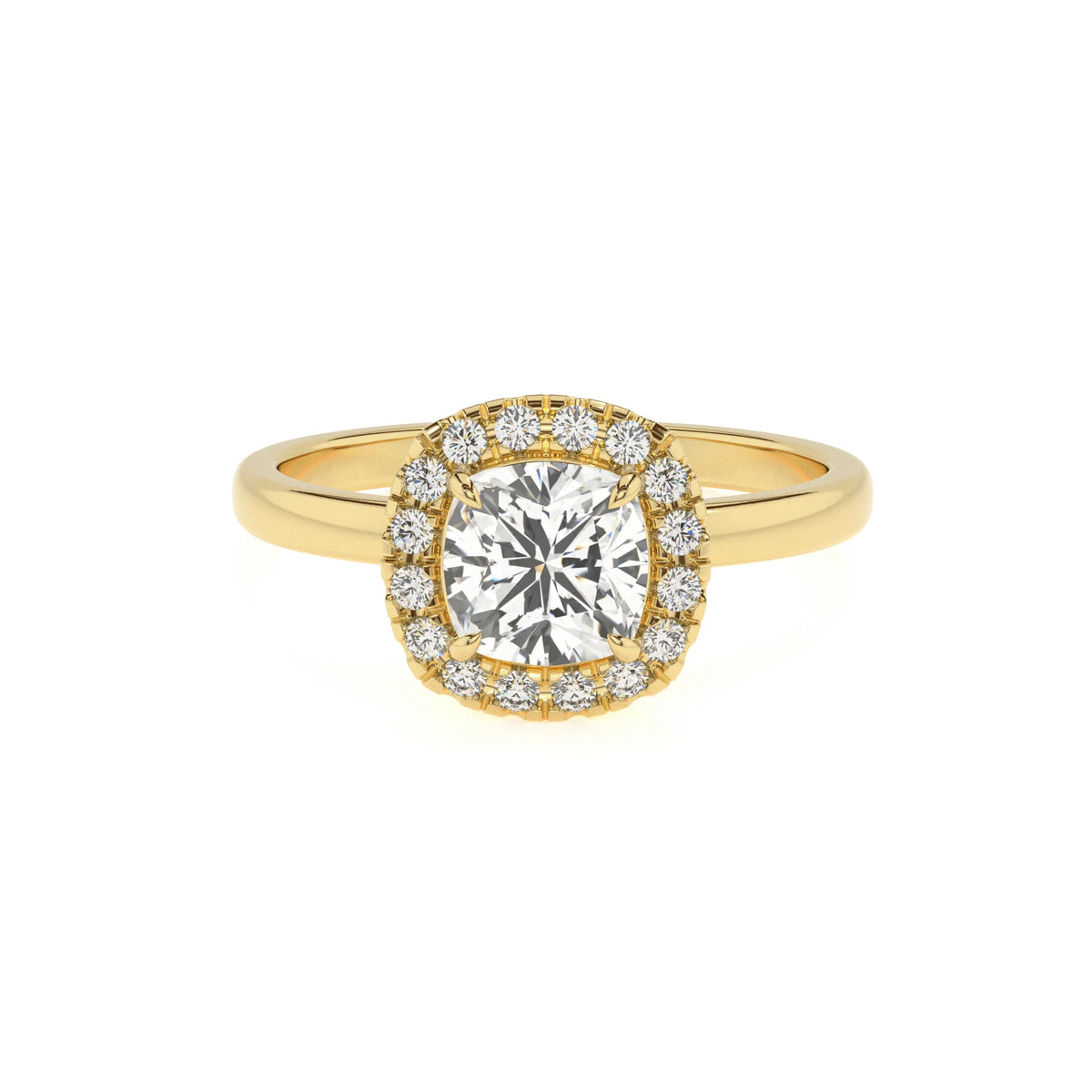 lab grown moissanite cushion solitaire rings in yellow gold 