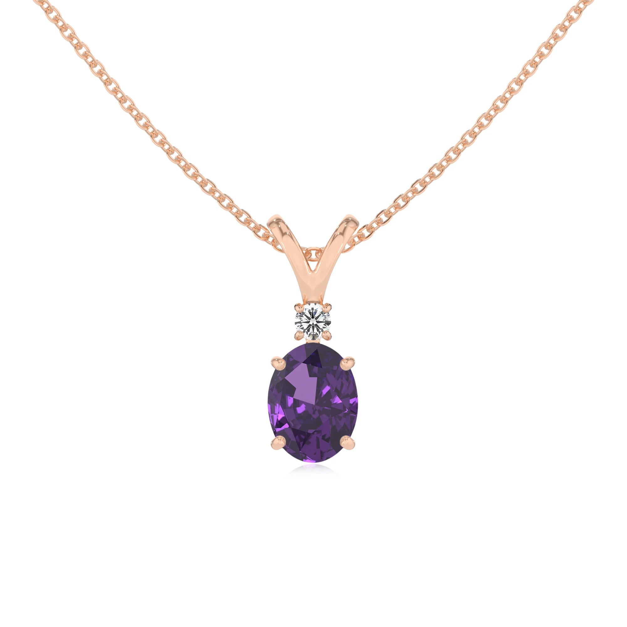 lab grown amethyst oval solitaire v-bale necklaces in rose gold 