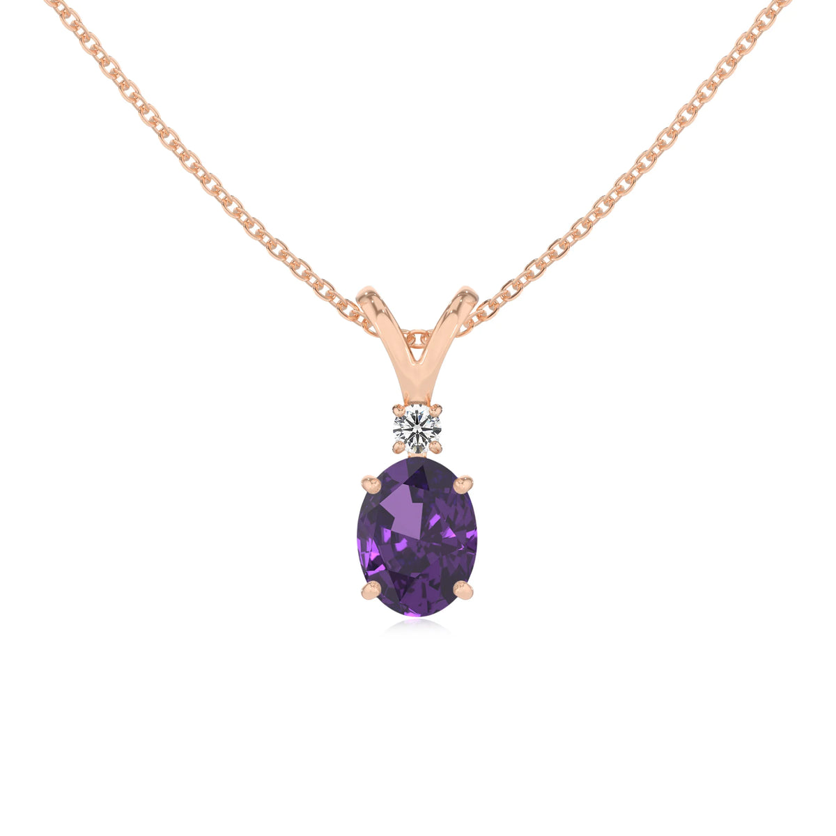 lab grown amethyst oval solitaire v-bale necklaces in rose gold 