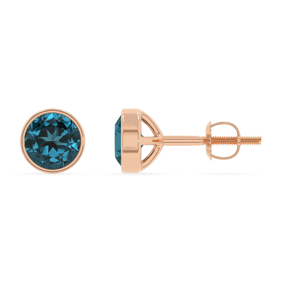 natural london blue topaz round stud earrings in rose gold 