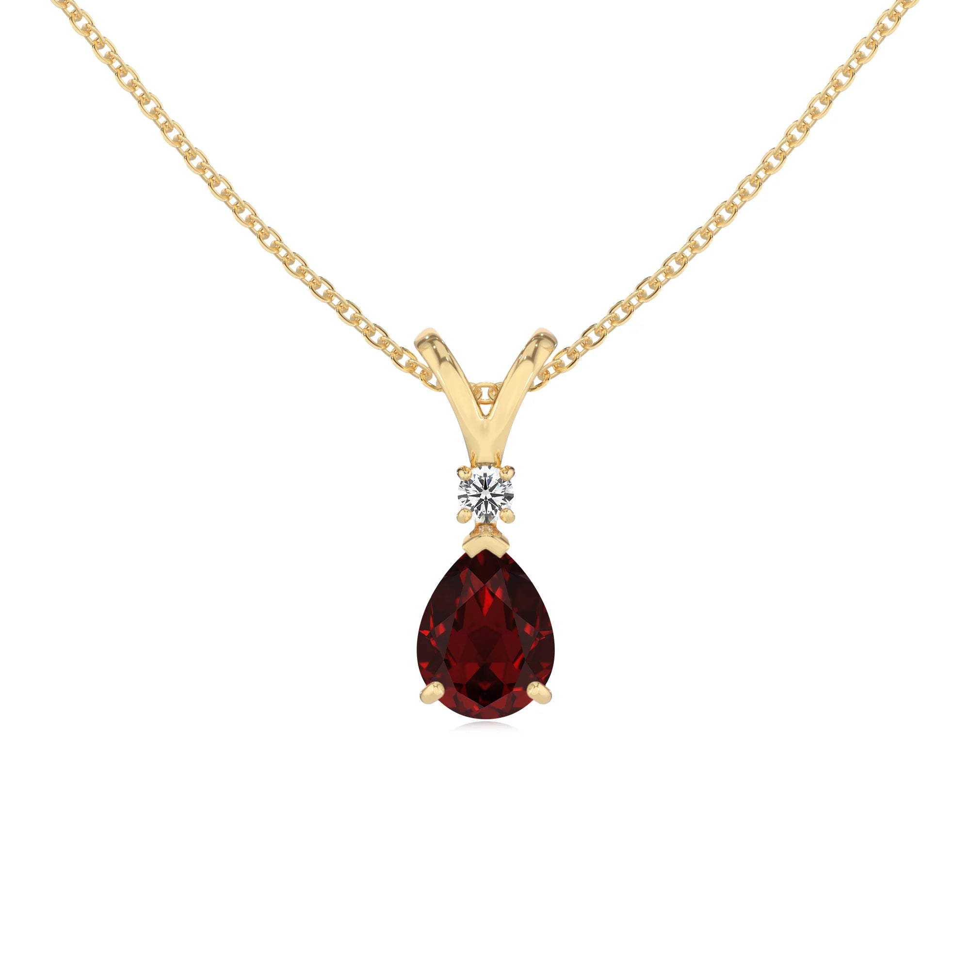 natural garnet pear solitaire v-bale necklaces in yellow gold 