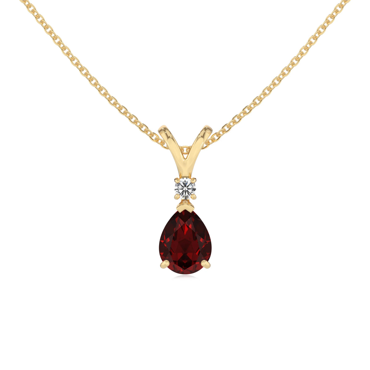 natural garnet pear solitaire v-bale necklaces in yellow gold 