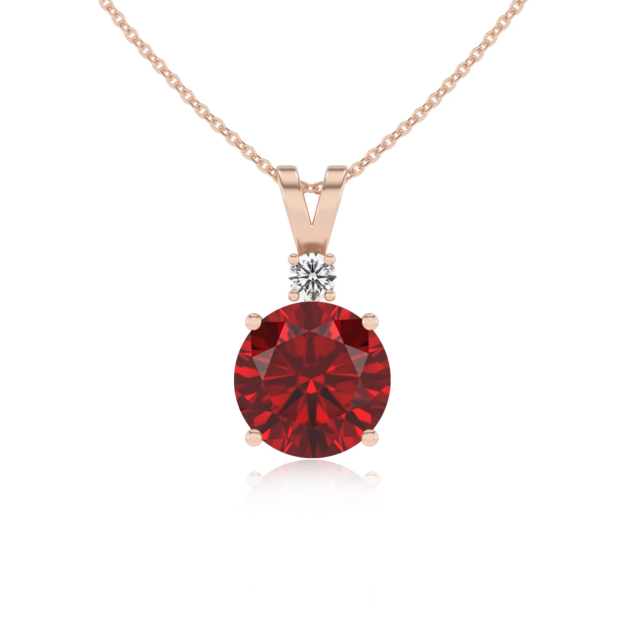 lab grown ruby round solitaire v-bale necklaces in rose gold 