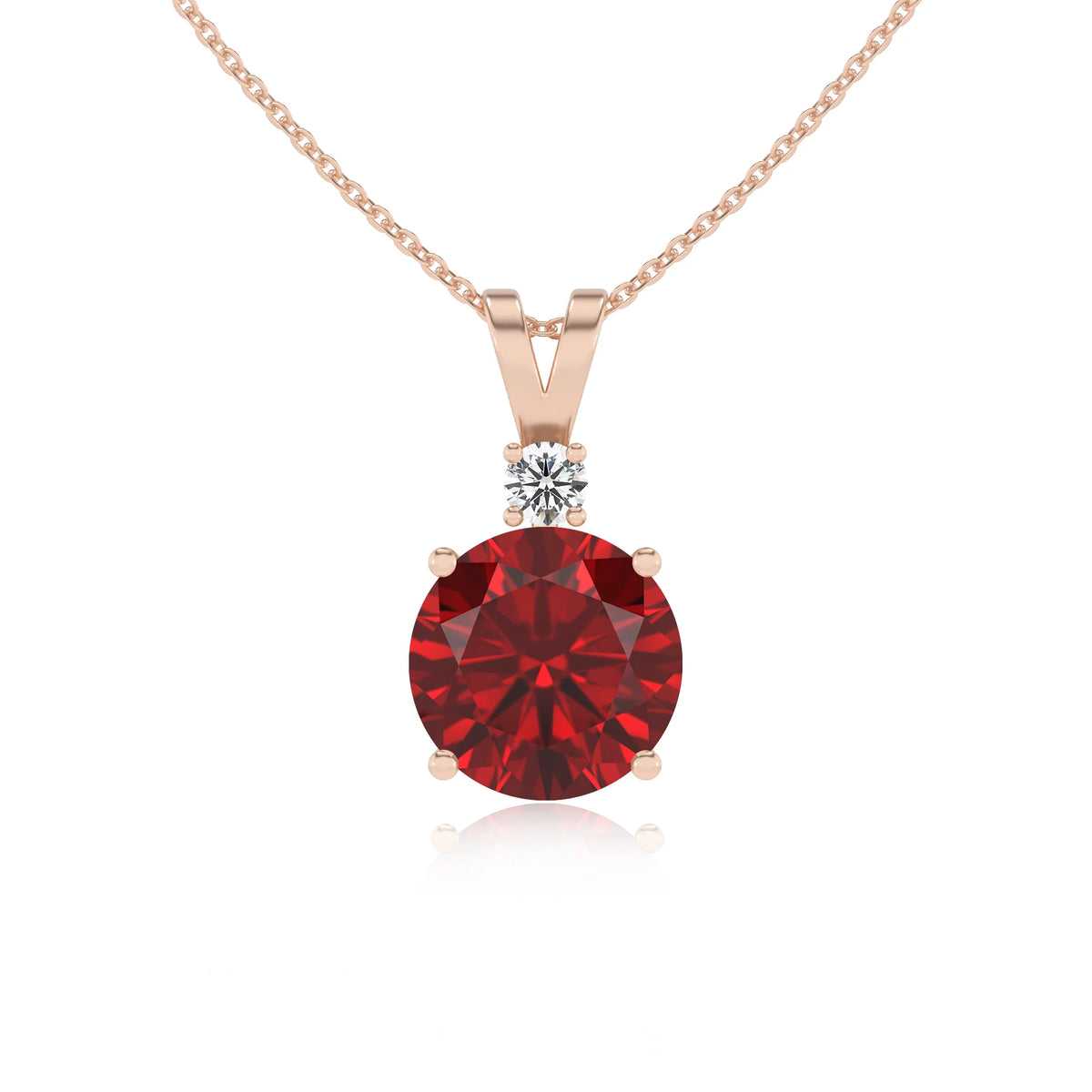 lab grown ruby round solitaire v-bale necklaces in rose gold 