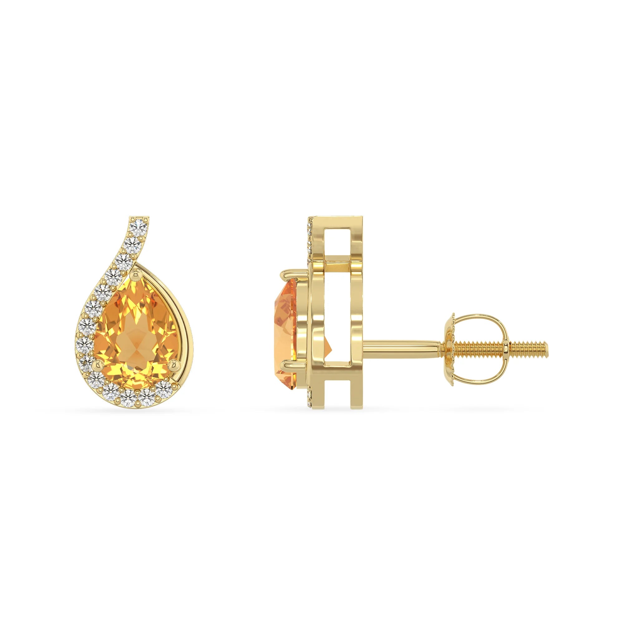 lab grown citrine pear stud earrings in yellow gold 