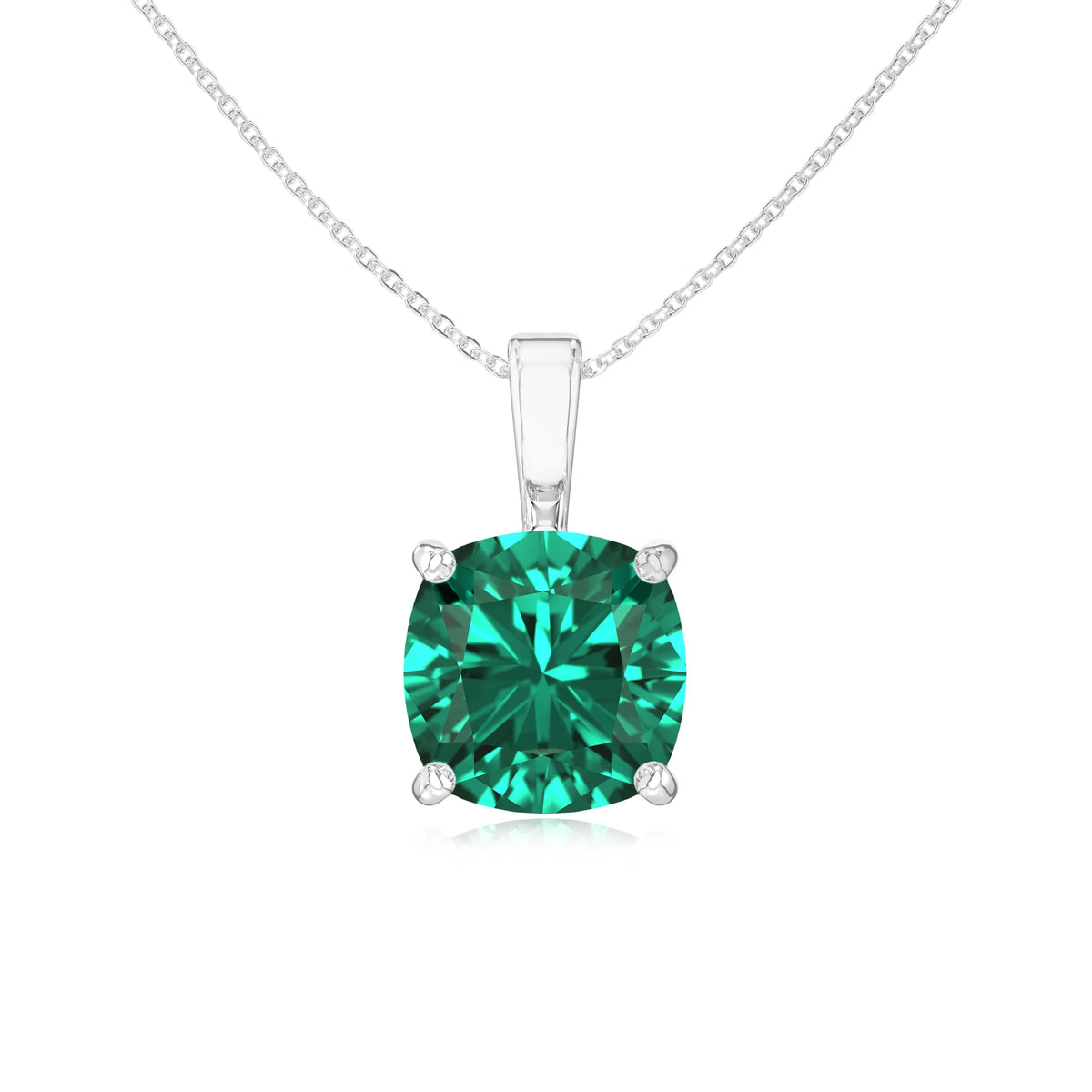 lab grown emerald cushion solitaire necklaces in white gold 