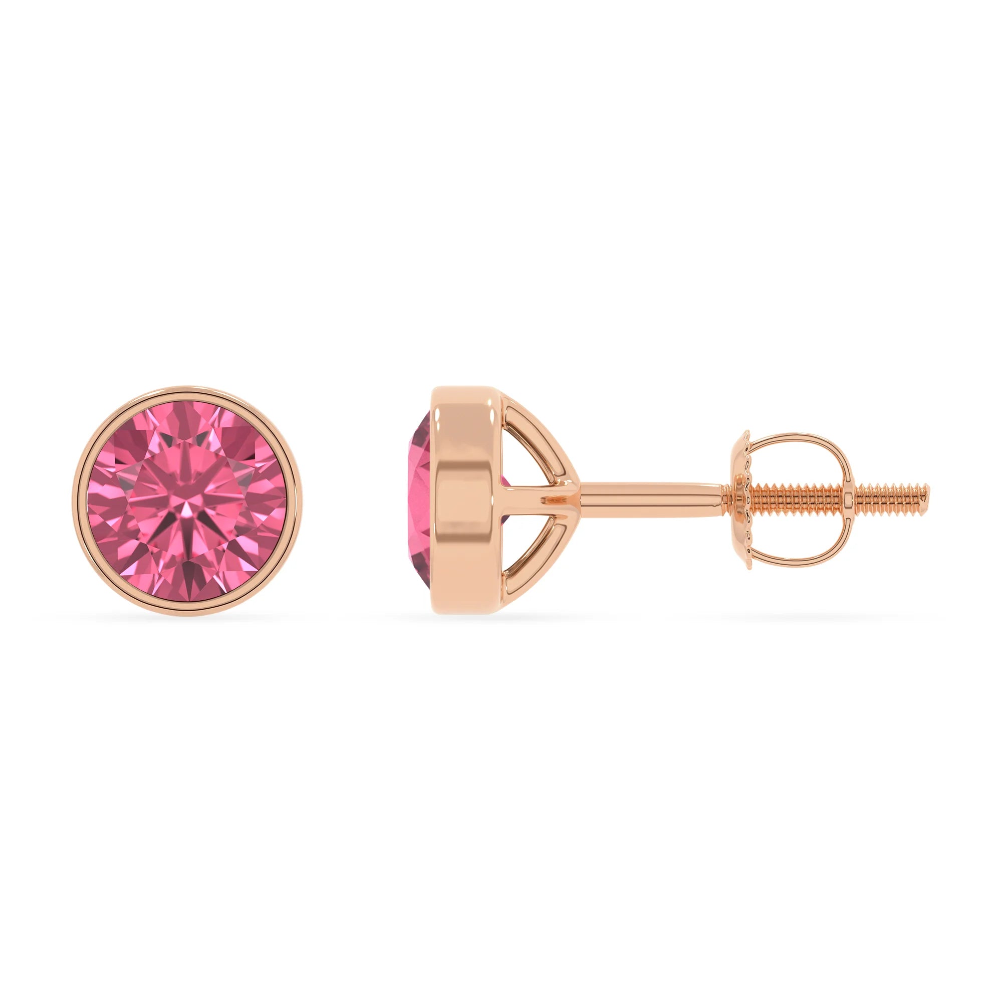 lab grown pink tourmaline round stud earrings in rose gold 