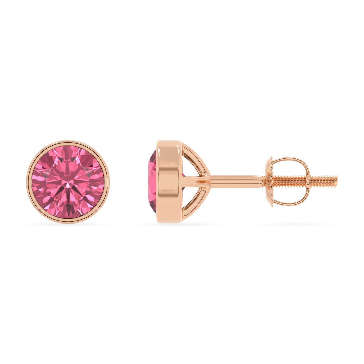 lab grown pink tourmaline round stud earrings in rose gold 