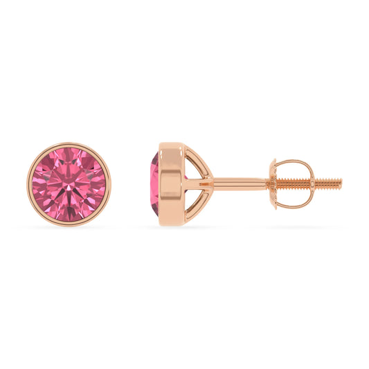 lab grown pink tourmaline round stud earrings in rose gold 