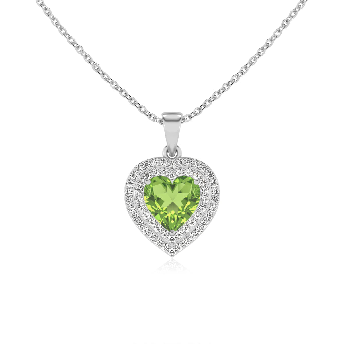natural peridot heart halo necklaces in white gold 