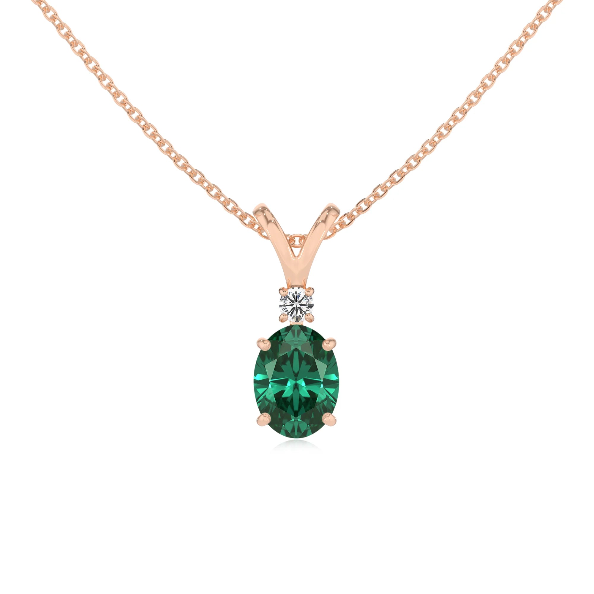 lab grown emerald oval solitaire v-bale necklaces in rose gold 