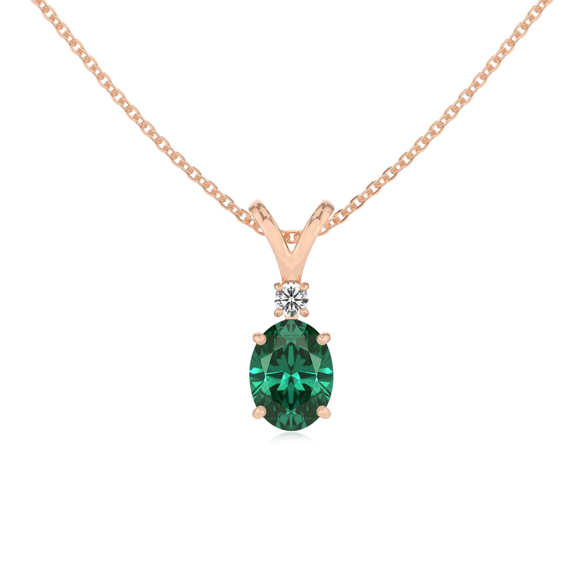 lab grown emerald oval solitaire v-bale necklaces in rose gold 