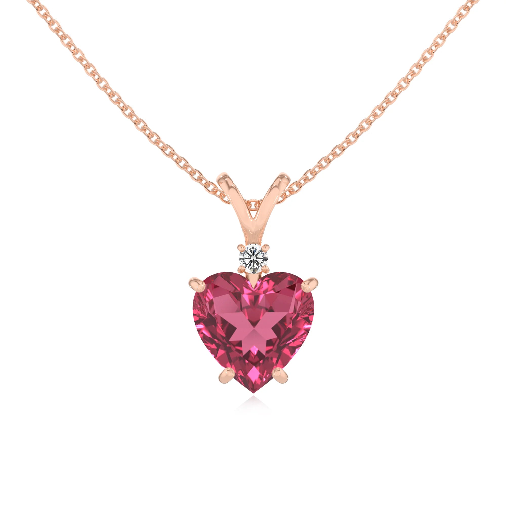 lab grown pink-tourmaline heart solitaire v-bale necklaces in rose gold 