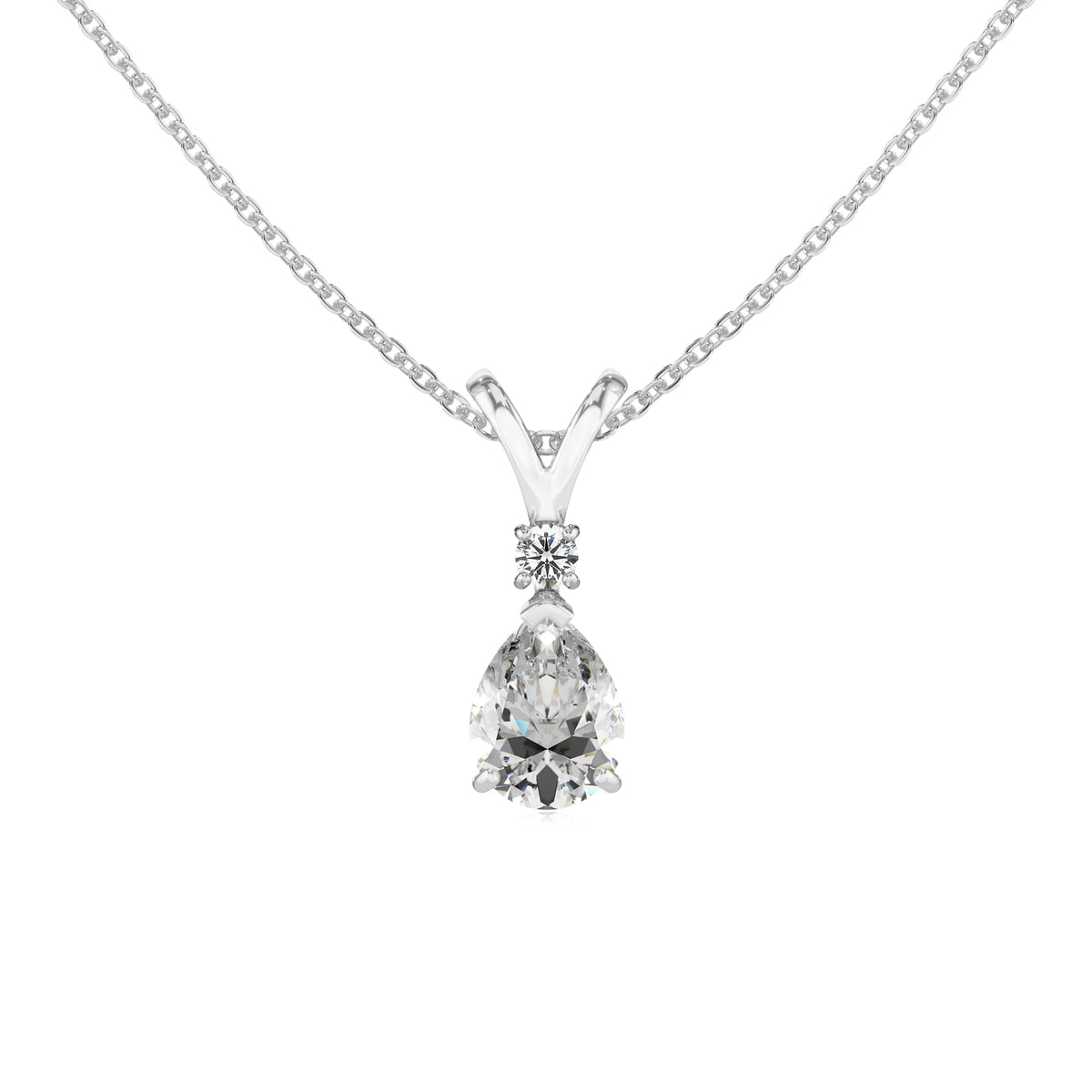 lab grown moissanite pear solitaire v-bale necklaces in sterling silver 