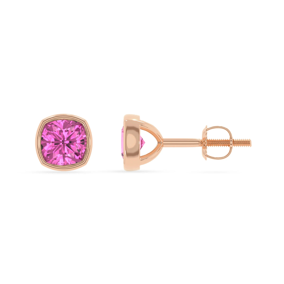 lab grown pink sapphire cushion stud earrings in rose gold 