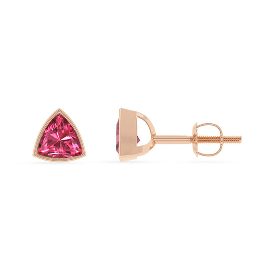 lab grown pink tourmaline trillion stud earrings in rose gold 