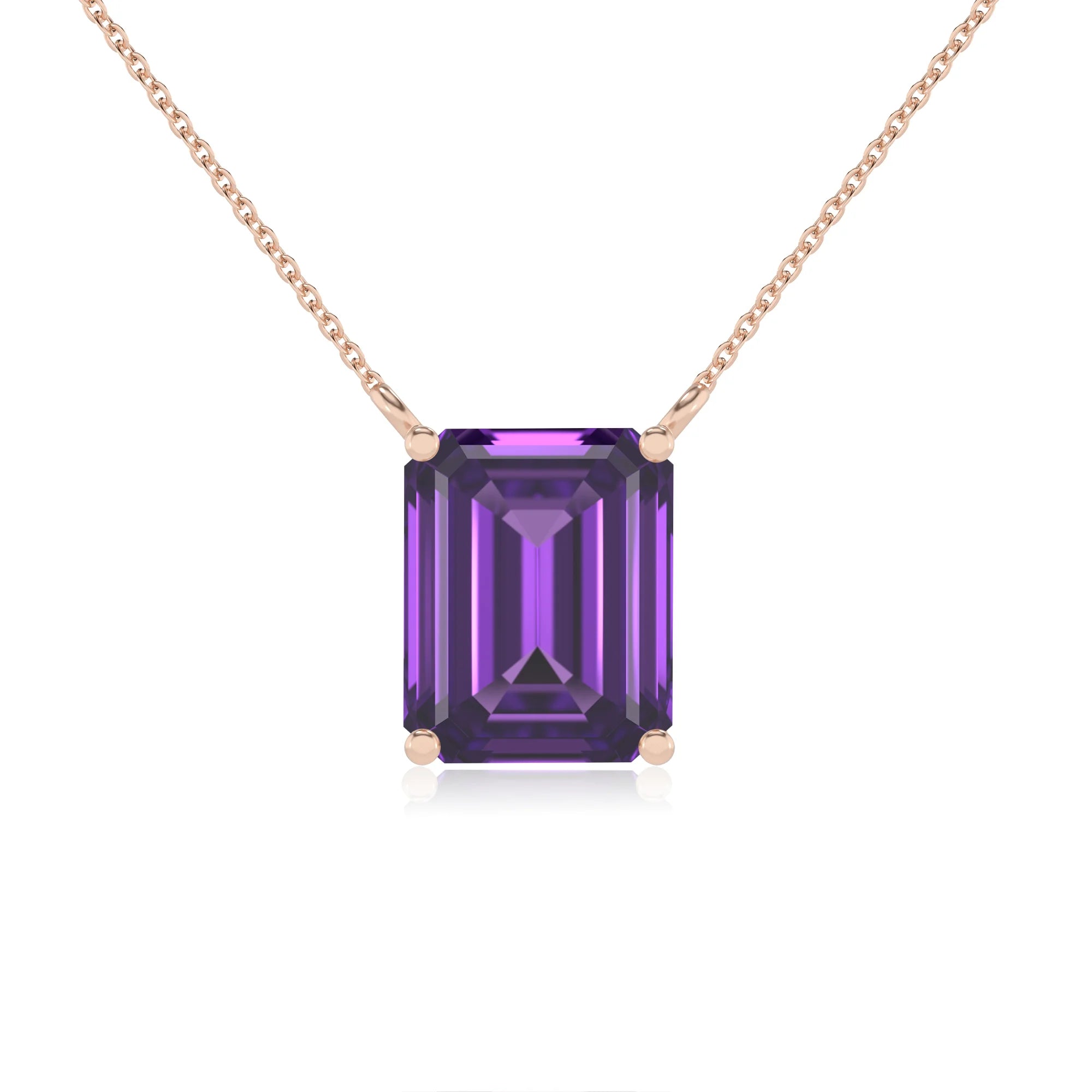 lab grown amethyst emerald cut solitaire necklaces in rose gold 
