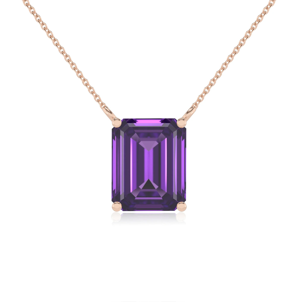 lab grown amethyst emerald cut solitaire necklaces in rose gold 