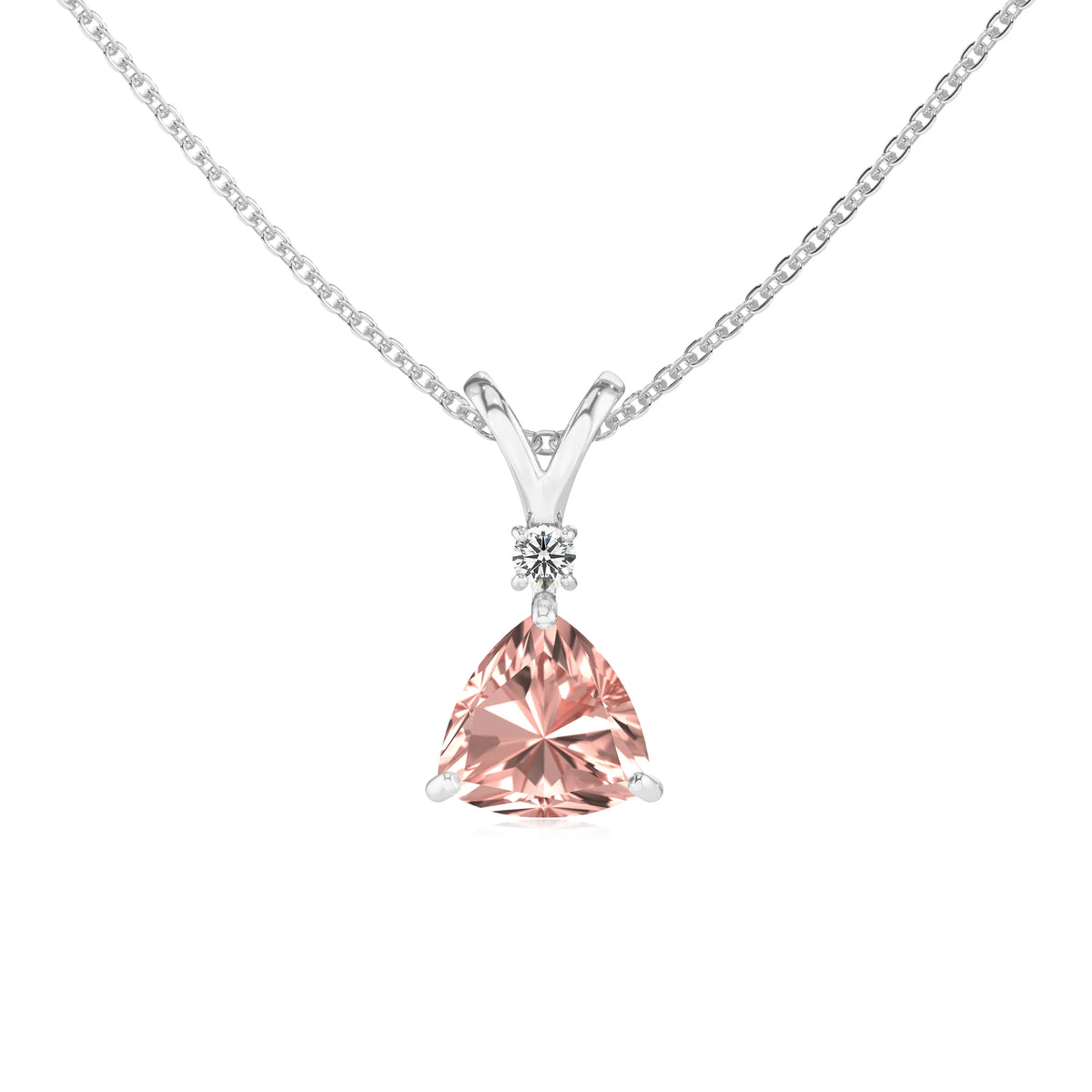 lab grown morganite trillion solitaire v-bale necklaces in white gold 