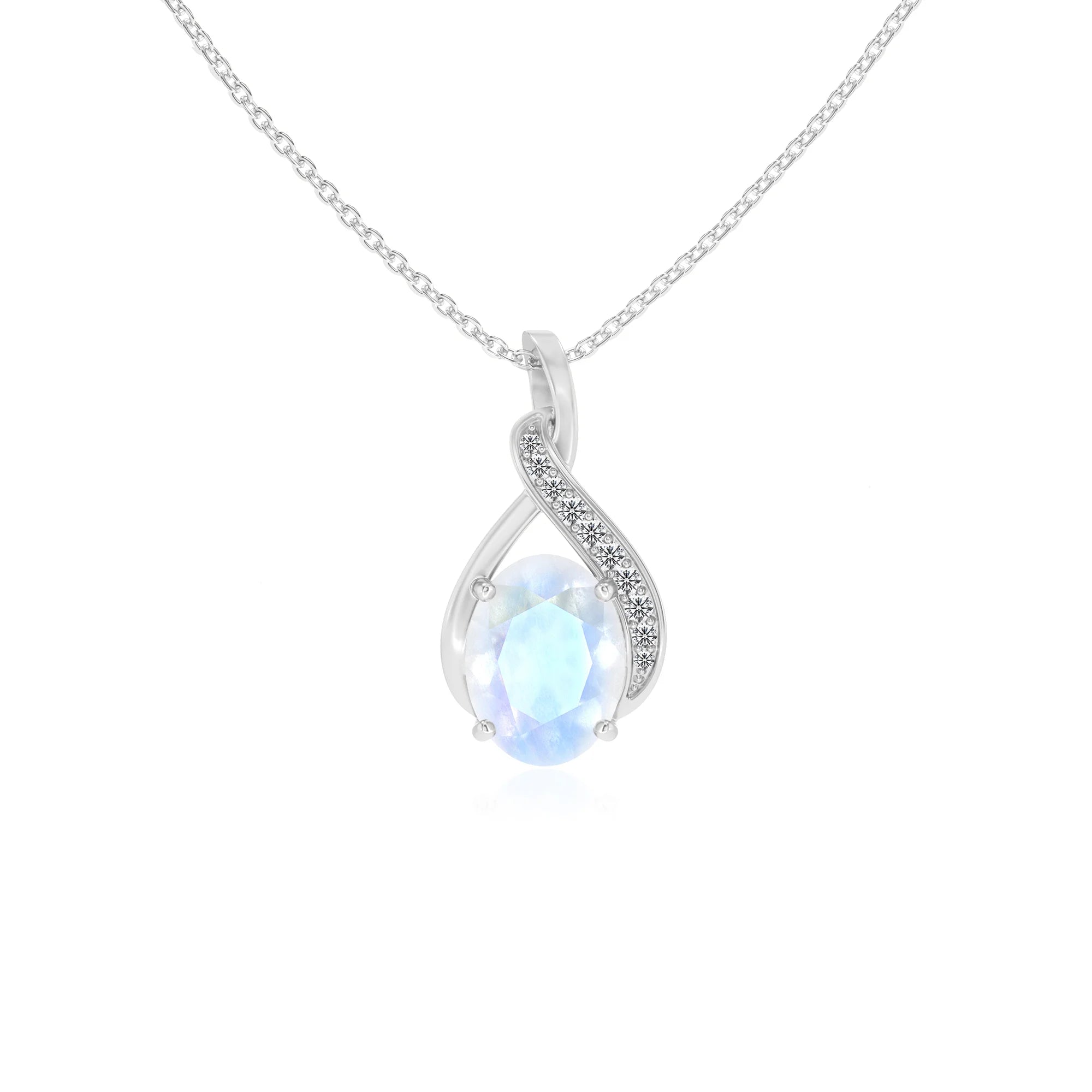 natural rainbow-moonstone oval solitaire necklaces in platinum 