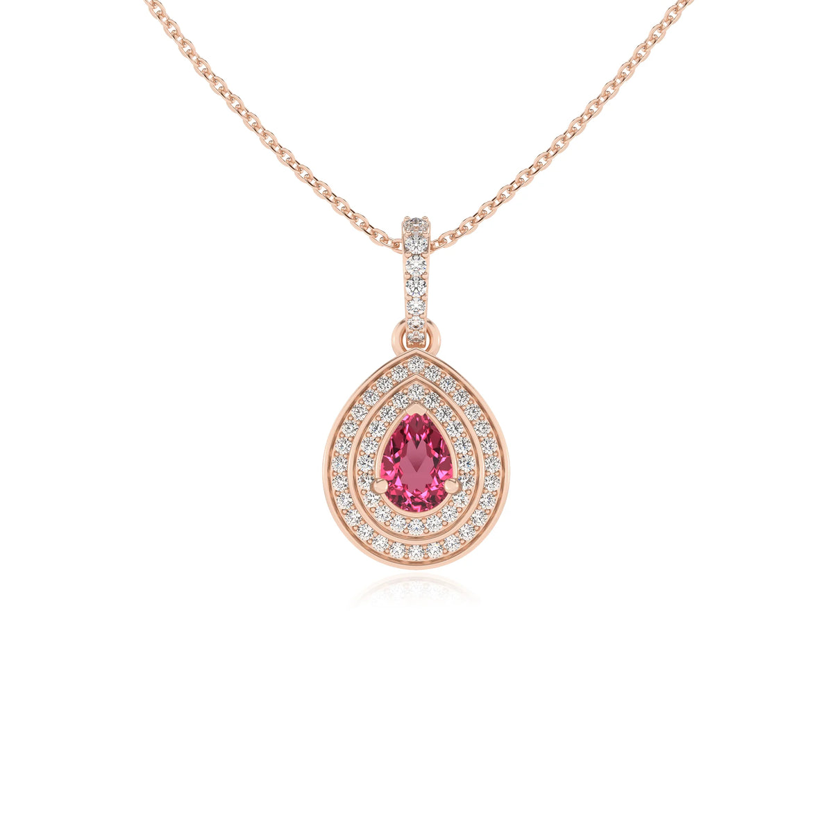 lab grown pink-tourmaline pear halo necklaces in rose gold 