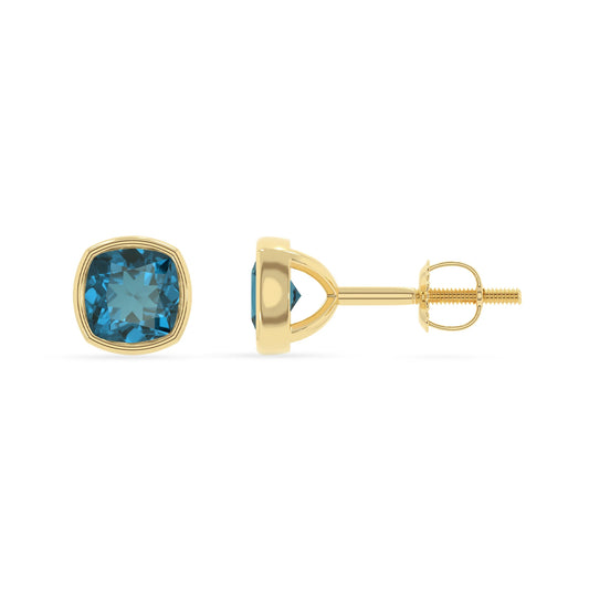 natural london blue topaz cushion stud earrings in yellow gold 
