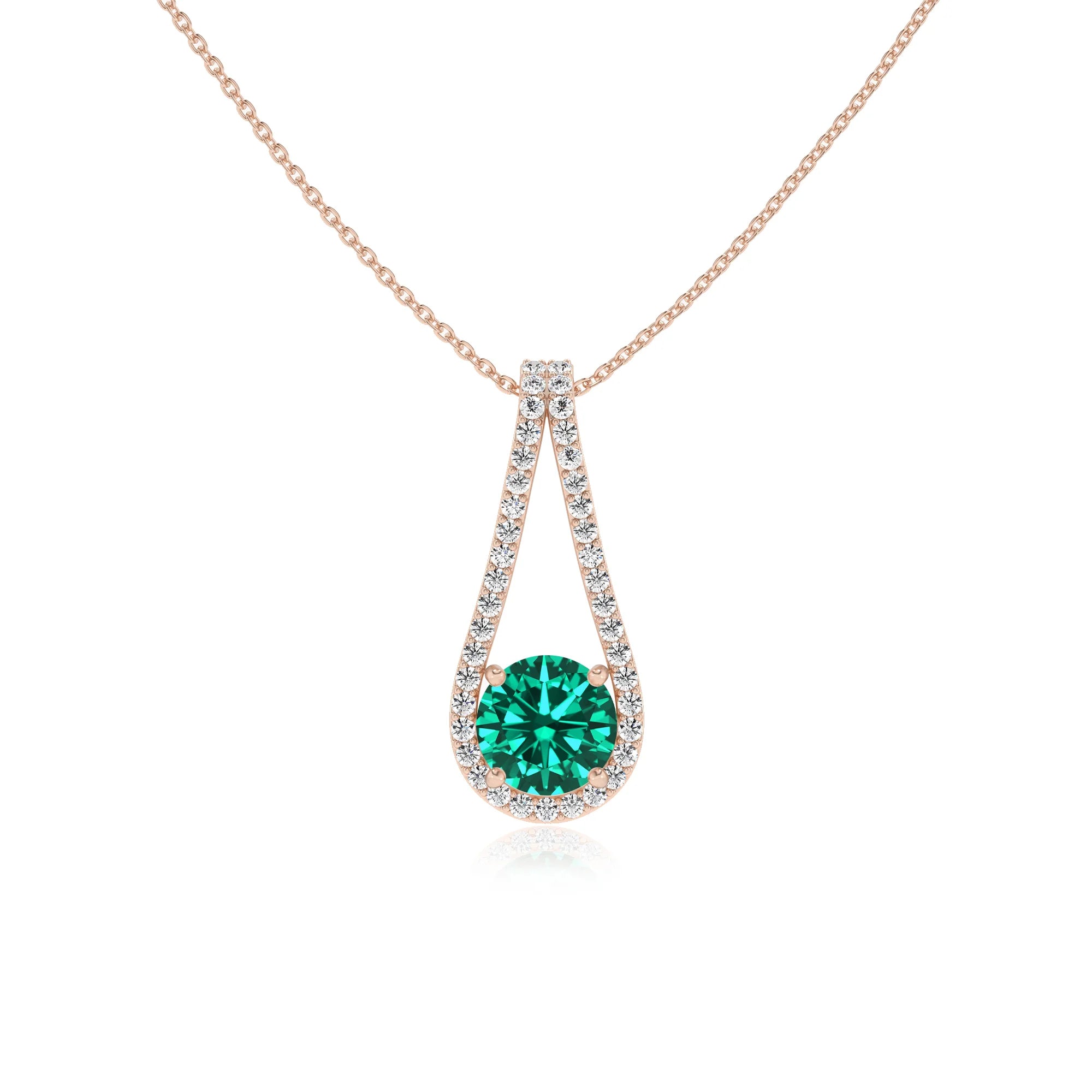 lab grown emerald round solitaire v-bale necklaces in rose gold 