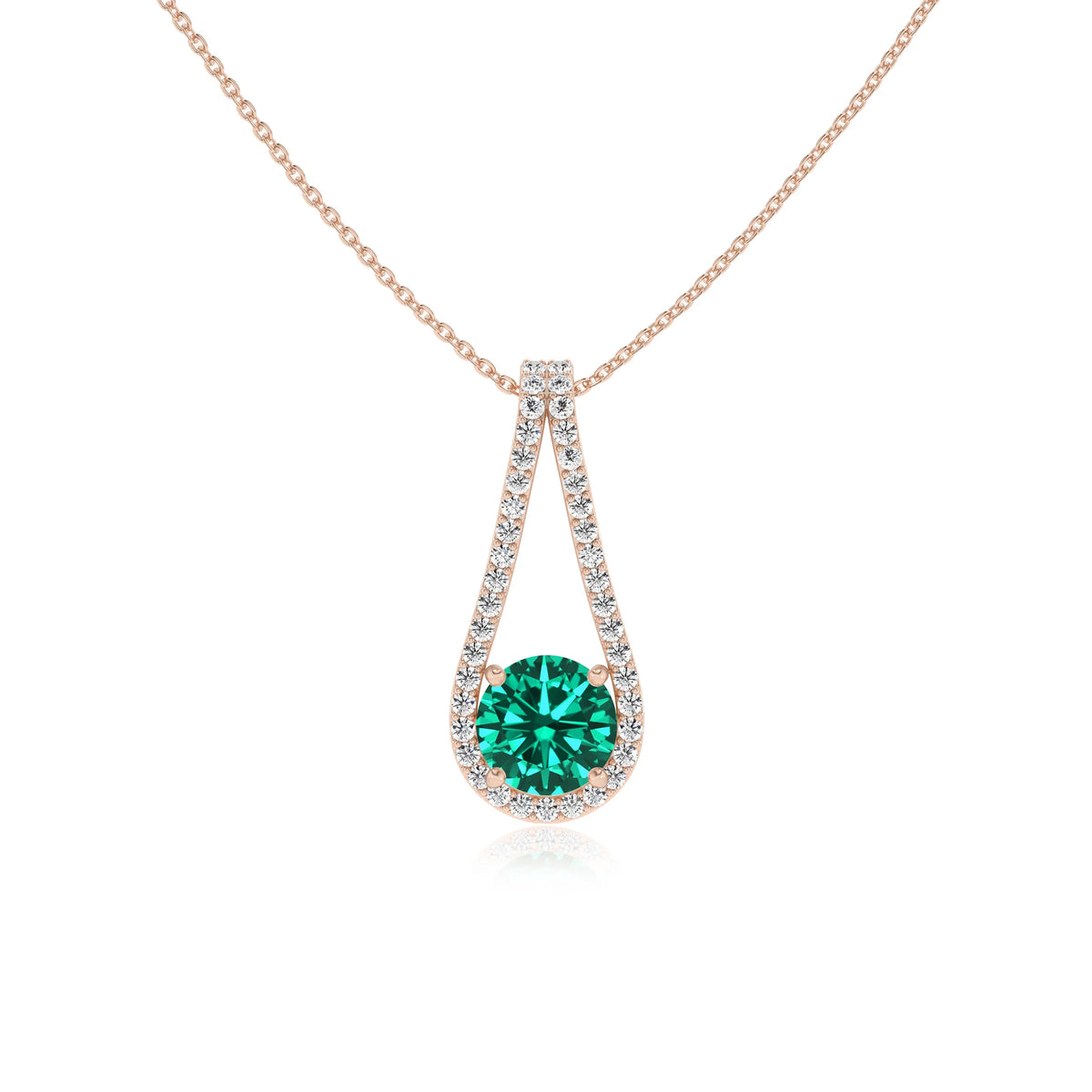 lab grown emerald round solitaire v-bale necklaces in rose gold 