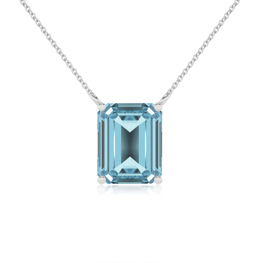 lab grown aquamarine emerald cut solitaire necklaces in white gold 