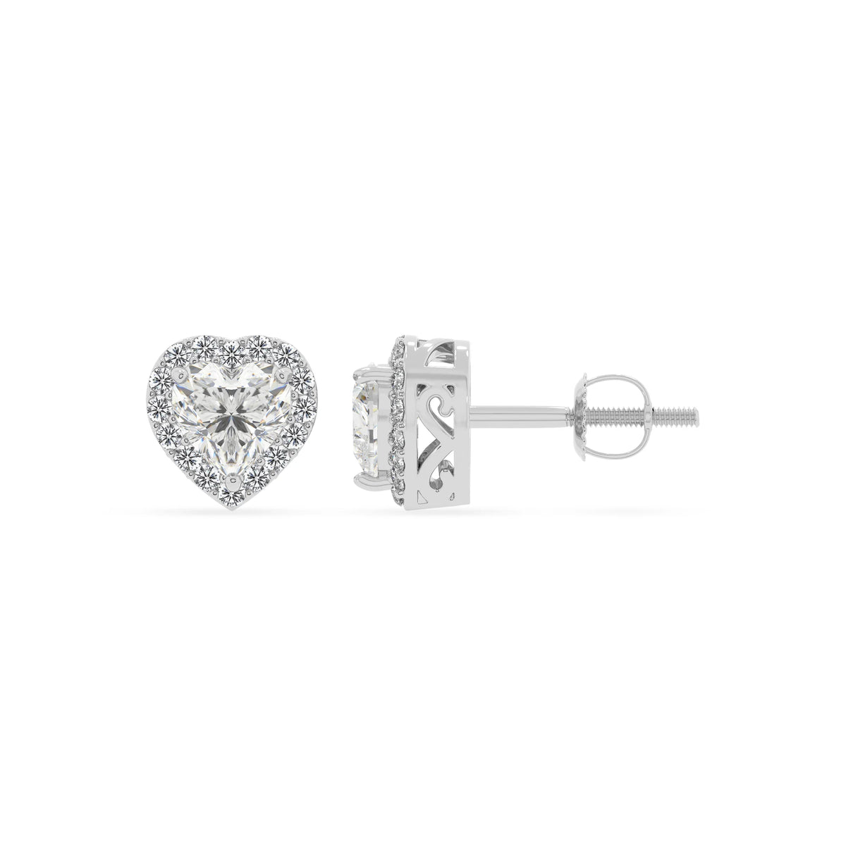 lab grown moissanite heart stud earrings in white gold 