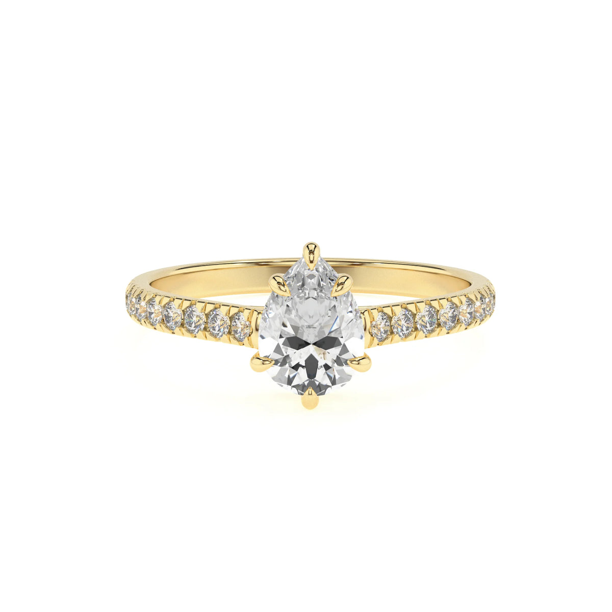 lab grown moissanite pear half eternity solitaire engagement rings in yellow gold 