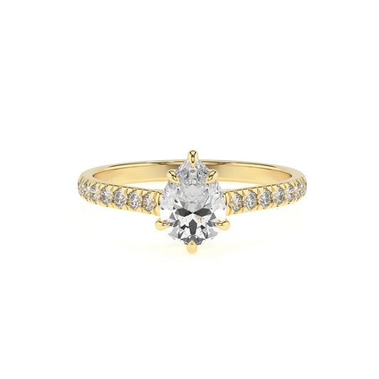 lab grown moissanite pear half eternity solitaire engagement rings in yellow gold 