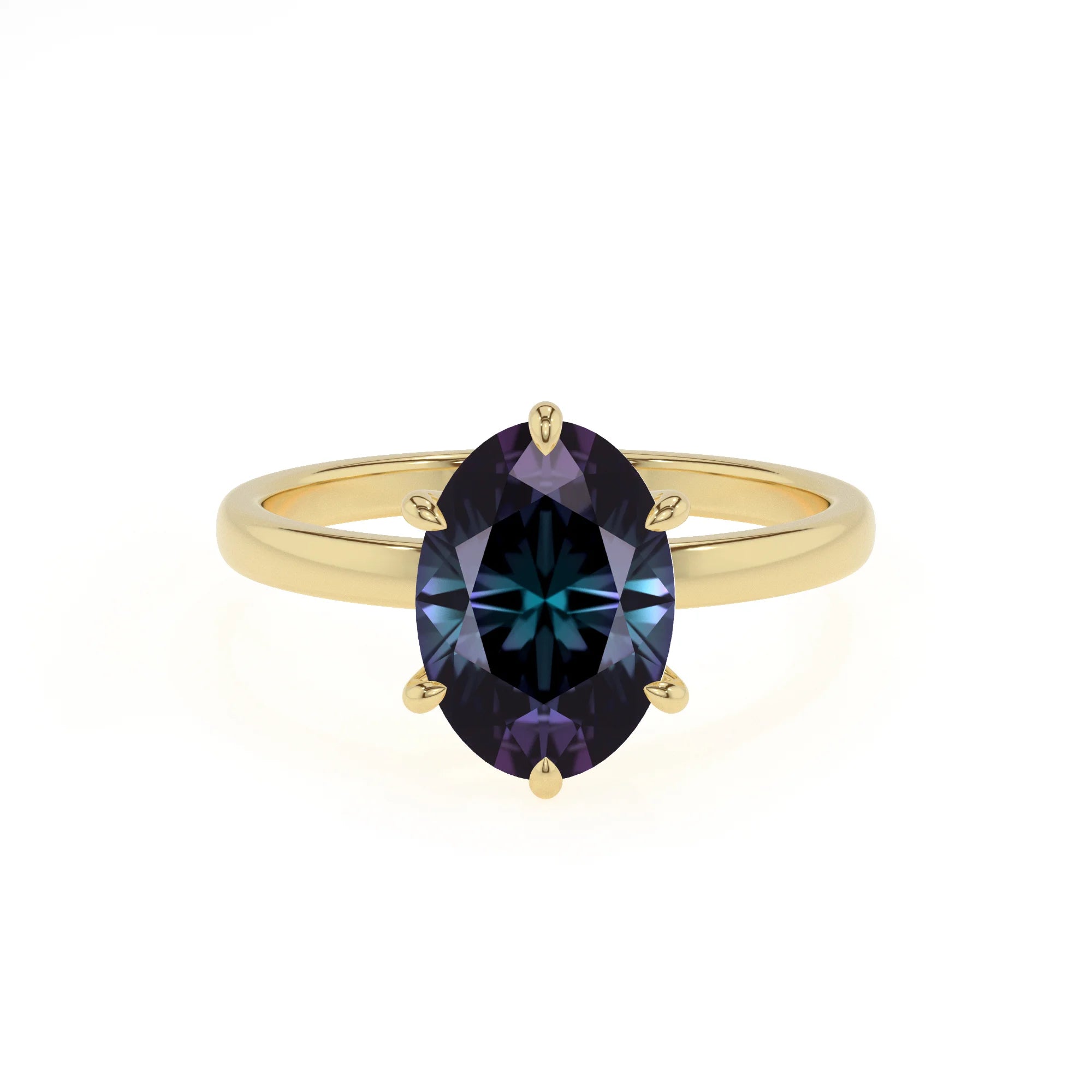 lab grown alexandrite oval solitaire rings in yellow gold 