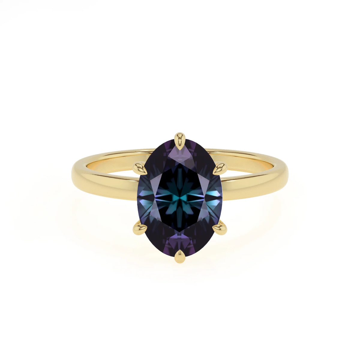 lab grown alexandrite oval solitaire rings in yellow gold 