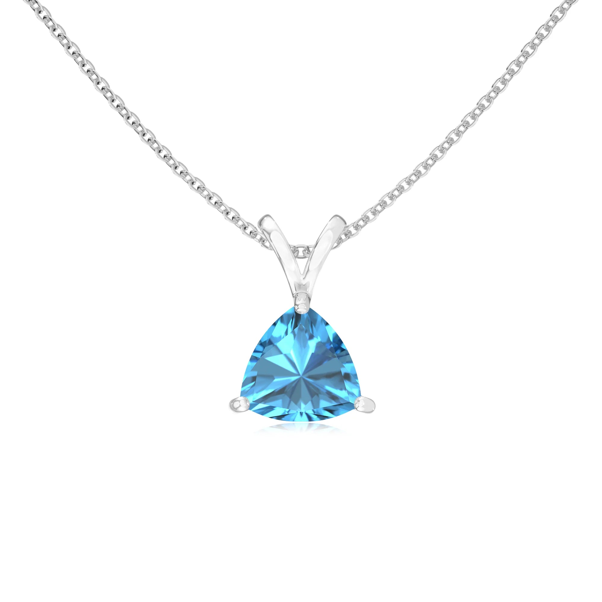 natural swiss-blue-topaz trillion solitaire v-bale necklaces in sterling silver 