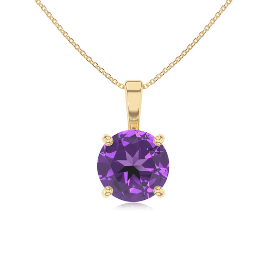 lab grown amethyst round solitaire necklaces in yellow gold 