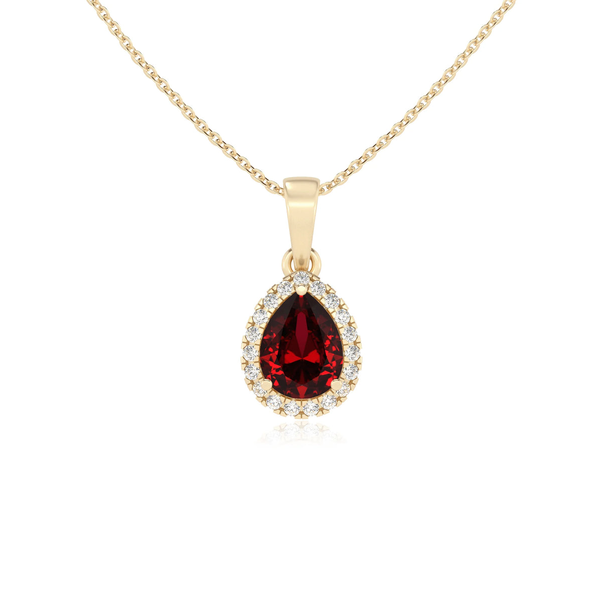 lab grown ruby pear solitaire necklaces in yellow gold 