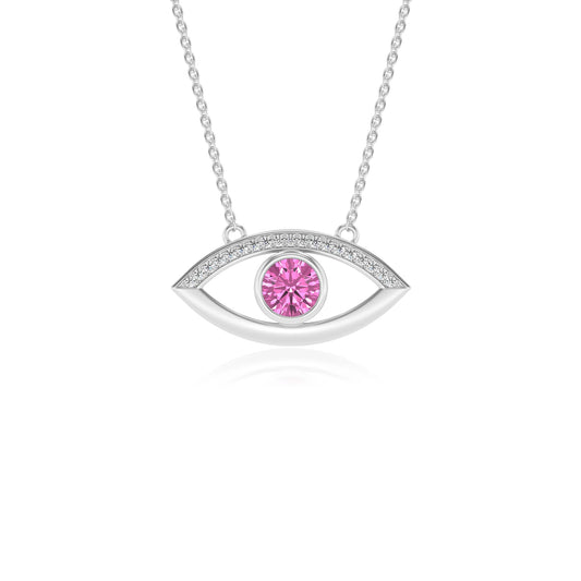 lab grown pink-sapphire round solitaire necklaces in white gold 