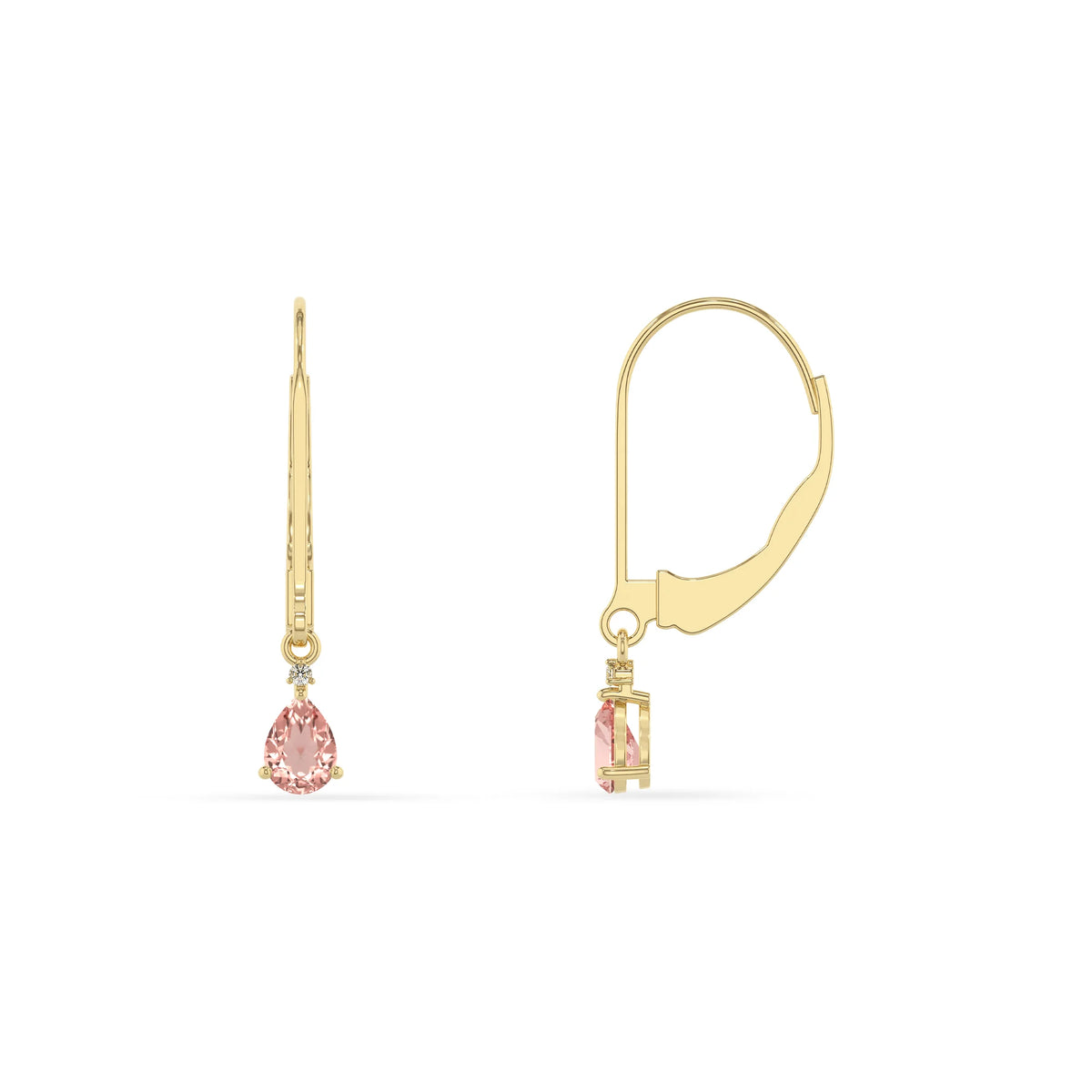 lab grown morganite pear drop earrings in yellow gold 