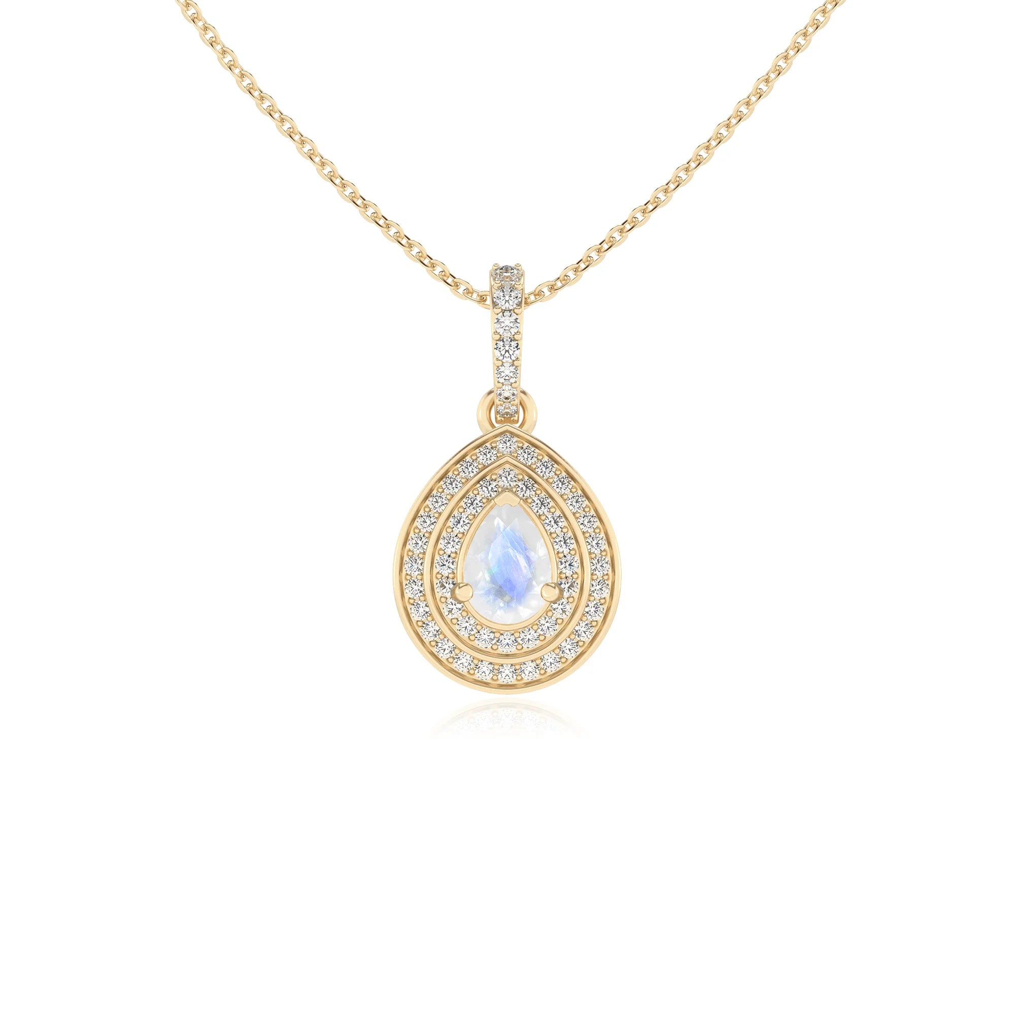 natural rainbow-moonstone pear halo necklaces in yellow gold 
