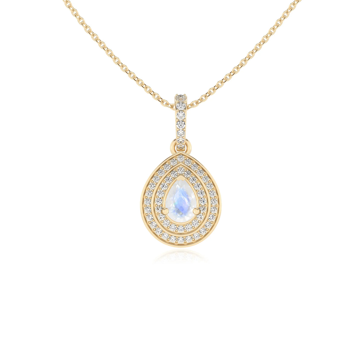natural rainbow-moonstone pear halo necklaces in yellow gold 